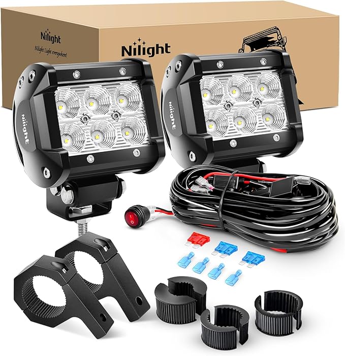Nilight 2PCS 4 Inch 18W Flood LED Light Bars Off-Road Light Mounting Bracket Horizontal Bar Tube Clamp with Off Road Wiring Harness- 2 Leads, 2 Years Warranty