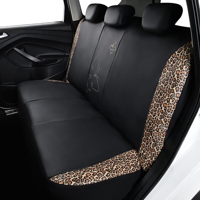 Flying Banner Butterfly car seat Covers ful Set Fashion Universal Lady Woman Female Rear Bench Split Colorized (Full Set - Faux Leather, Leopard Brown)