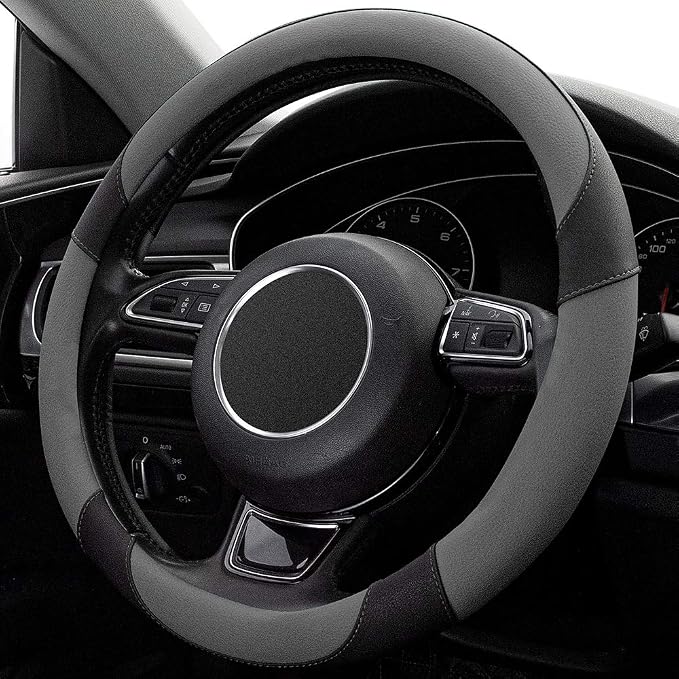 Steering Wheel Covers Gray Universal Microfiber Leather, Suitable for 14 1/2-15 inch Car Steering Wheel Cover, Breathable, Anti Slip & Odor