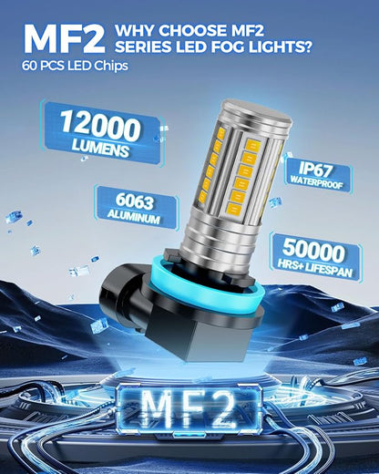 Marsauto H16 H8 Led Fog Light Bulb Yellow 12,000LM, 1:1 Size H11 Yellow Fog Lights, Real 360° Illumination 3000K Amber Strong Penetration, Upgraded LED Chips H11 H8 Fog Bulb, Tail Light Covers