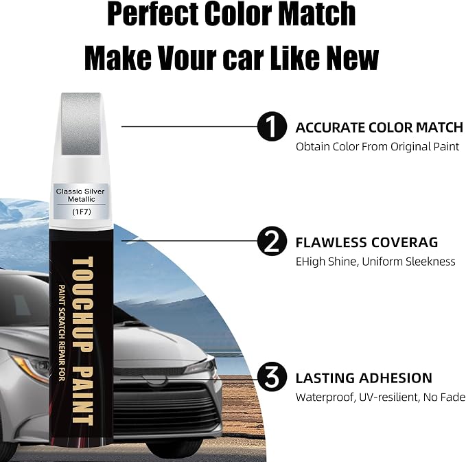 Classic Silver Metallic(1F7) Car Paint Touch Up Pen Compatible with Toyota,2-In-1 Color Accurate Touch Up Car Scratch Repair Paint Match Toyota Series Automotive Scratch Remover for Nicks&Chips Repair