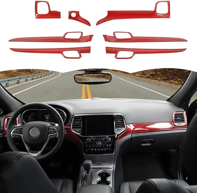 RT-TCZ Center Console Dashboard Panel Trim Inner Door Handle Cover Interior Trim Kit Decor Accessories for Jeep Grand Cherokee 2011-2020,Red Carbon Fiber