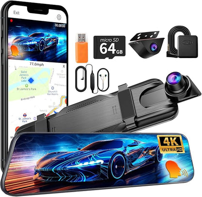 Mirror Dual Dash Camera,4K and 2.5K Dash Cam with Voice Control Rear View Mirror Camera and WiFi,GPS Dashcam for Cars with WDR Night Vision, G-Sensor, 24 Parking Monitor ABS (Include 64GB Card)