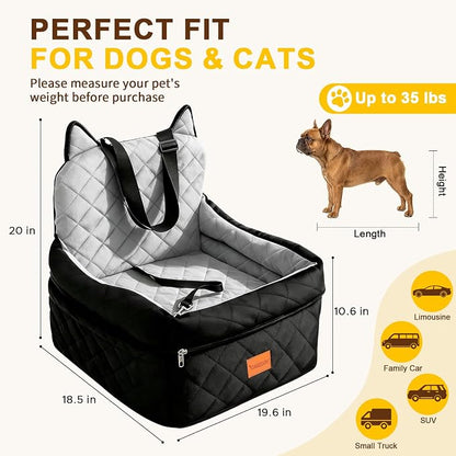 Dog Booster Car Seats for S/M Dogs Up to 35lbs,Pet Car Seat/Travel Bed with Washable&Removable Cover,Storage Pockets,Dog Safety Belt and Elevated Cushion Fits in Front/Back Seat