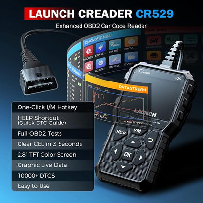 Launch CR529 OBD2 Scanner Diagnostic Tool, Full OBD2 Scanner for Car, Free Lifetime Upd. Check-Egine-Light Code Reader, 5 Years. Backup, Clear Codes, One Click I/M, for DIYers with Cars After 1996