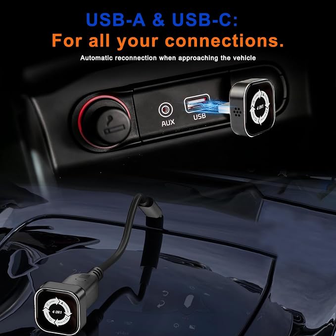 2026 4-in-1 CarPlay Adapter Wireless CarPlay + AirPlay + Android Auto + MirrorLink | Plug-&-Play for iPhone 10+ & Android 11+ | USB-A & Type-C Dual Ports (Black and White)