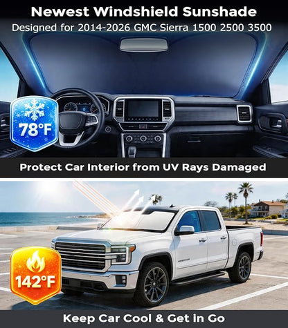 DMJN Front Windshield Sun Shade for GMC Sierra 1500 2500 3500(2014-2026), [Nano Ice-Crystal Coatings] UPF50+ Heat & UV Block, Protect Car Interior & Keep Cool, Flodable Steel-Ring Car Cover for Summer