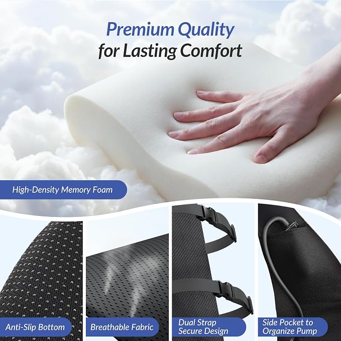 ZIKEE Adjustable Airbag Lumbar Support Pillow Provides Comfortable Support Back Pain Relief and Improves Posture, Ergonomic Memory Foam Back Support Pillow for Office Chair, Car, Home