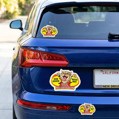 3 Pcs Reflective Student Driver Magnet and Stickers Set - Funny Animal New Driver Safety Signs for Car, Waterproof & Weatherproof High Visibility Vehicle Bumper Decals, Magnet + Stickers (Cat)