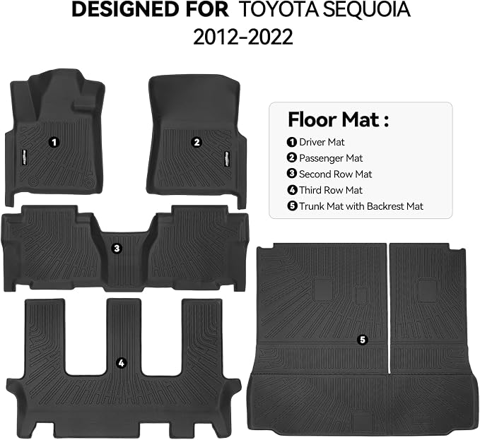 Floor Mats for Toyota Sequoia 2012-2022 (with 2nd Row Bench Seats), Trunk Mat and Backrest Mat All Weather TPE Protector for Toyota Sequoia Accessories (Not for 2nd Row Captain Seats)