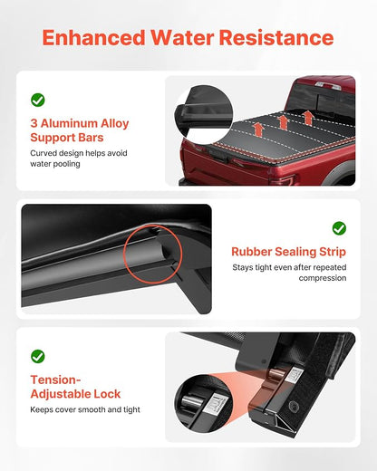 VEVOR Soft Roll-Up Truck Bed Tonneau Cover, Compatible with 2017-2026 Ford F-250/350/450 Super Duty, Fits 6.8 ft (6 ft 10 in/82 in) Bed, Triple-Layer PVC Tonneau Cover with Three Aluminum Alloy Bars