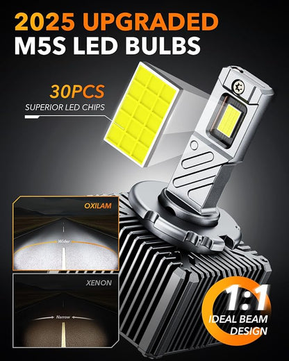 OXILAM 2025 Latest D3S D3R LED Bulbs, 900% Ultra-Bright 60W, 6500K Pure White Brighter Than Xenon, Easy Plug-N-Play Installation, 20 Years Lifespan, No Flicker, 99% Compatibility