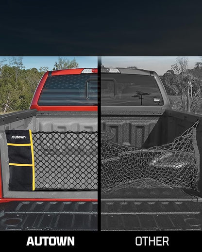 AUTOWN Truck Bed Cargo Net, Envelope Style Bed Netting for 2015+ Ford F150 & 2017+ F250/F350/F450, Pickup Truck Bed Organizer with 5mm Bungee & Integrated Storage Bag & Eyebolts & Carabiners