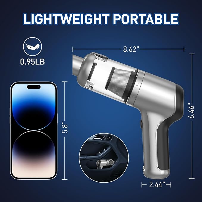 Handheld Car Vacuum Cleaner Cordless, 20000PA High Power Hand Held Vacuum Cordless Rechargeable, Portable Mini Vacuum & Air Duster with Brushless Motor and 2-Gear Modes for Car Home Office