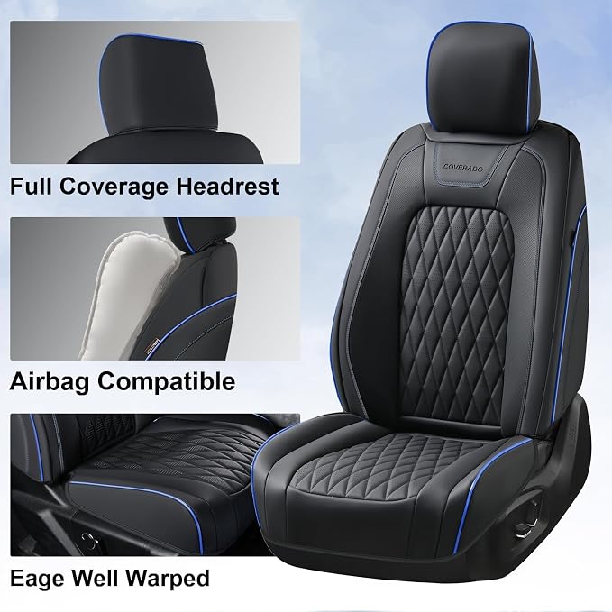 Coverado Leather Ford F150 Seat Covers Full Set, Automotive Seat Covers for Pick-up Truck, Waterproof Cushion Cover for 2015-2026 F150 and 2017-2026 F250 F350 F450 (Blue line)