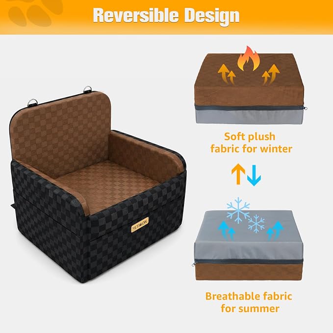 PETICON Waterproof Dog Car Seat for Small Medium Dogs, 5in Memory Foam Pet Booster Seat for Dogs up to 35 lbs with Pockets, Detachable Washable Pet Carseat with Y-Shape Safety Belt (Brown, Medium)