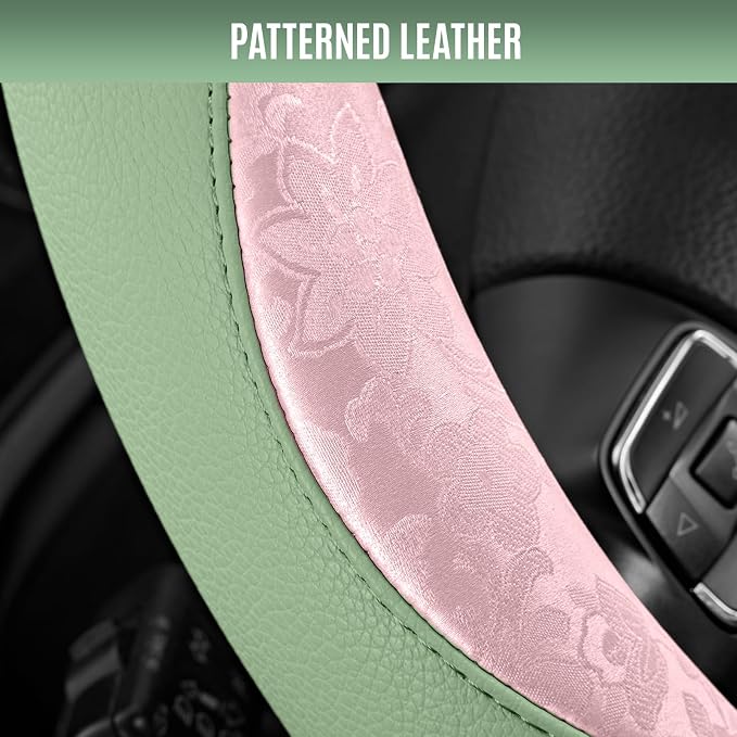 PIC AUTO Steering Wheel Cover, Pink Patterned & Green Leather Patchwork Design, Universal Fit 14.5"–15.5", Anti-Slip, Odor-Free, Soft PU Grain Leather, Durable Grip Car Accessory for Girls & Women