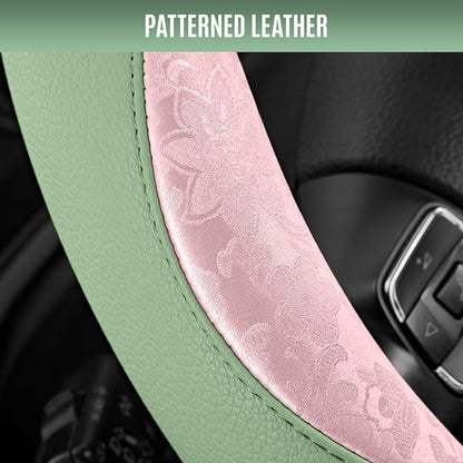 PIC AUTO Steering Wheel Cover, Pink Patterned & Green Leather Patchwork Design, Universal Fit 14.5"–15.5", Anti-Slip, Odor-Free, Soft PU Grain Leather, Durable Grip Car Accessory for Girls & Women