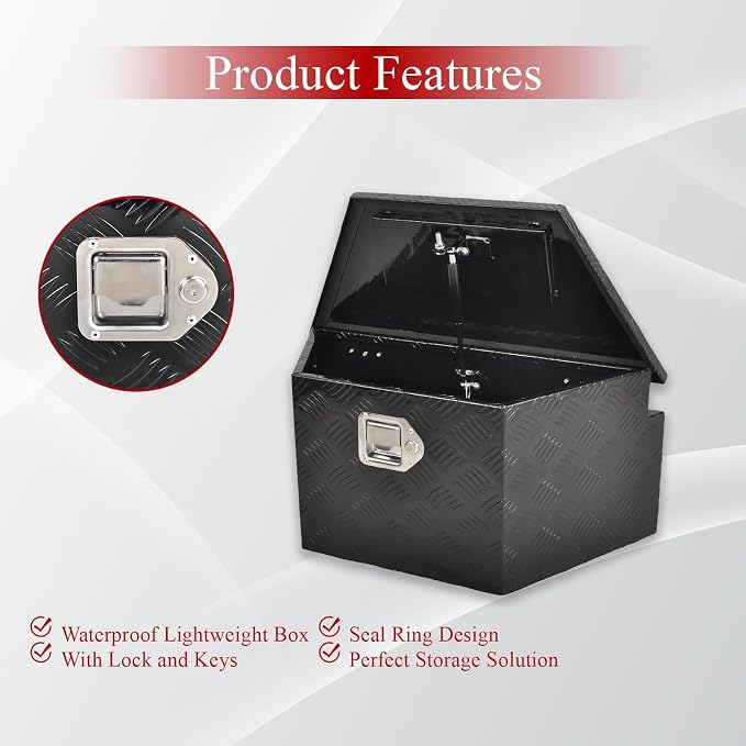 26'' Inch Aluminum Trailer Tongue Tool Box Truck Bed Toolbox Truck Trailer Chest Box Underbody Storage Organizer Waterproof Square Storage Organizer w/Lock & Keys Black(‎26" Lx13.3 Wx12 H)