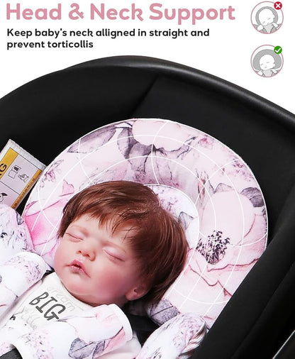 BOMOLOUR Infant Car Seat Insert, Enlarged Head Support for Baby Carseat, Reversible Newborn Insert with 3 Strap Covers, 2-in-1 Baby Car Seat Cushion for Stroller, Swing, Bouncer, Rocker - Pink Floral