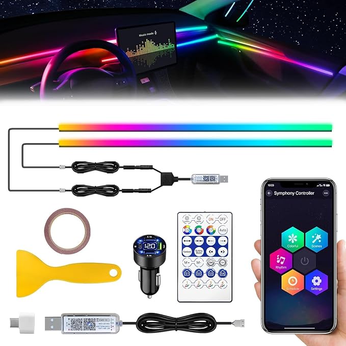 Dreamcolor Acrylic Interior Car LED Strip Light with USB/Type C/4-Port Cigarette Lighter, RGB 2 in 1 with 59.04 inches LEDs Ambient Lighting Kits, Sound Active Function Neon Led Strips for Car