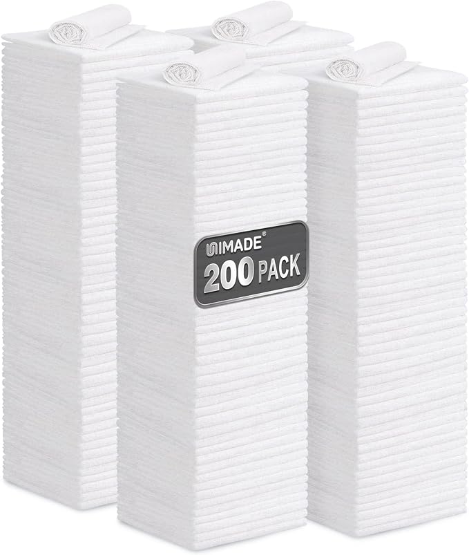 UNIMADE Shop Towel Rag, 200 Pack Reusable Rags Bulk Microfiber Cleaning Cloth Lint Free Towels for Car Kitchen Automotive Bar Mechanic Restaurant Garage, 11.5"x 11.5", White