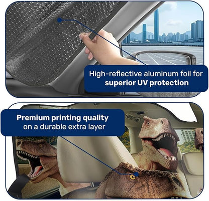 GENANY T-Rex Dinosaur Family Funny Windshield Sun Shade for Car SUV Truck (55x30 Inches), Sun Shade for Front Windows, Protector Blocks UV, Spring Car Decor