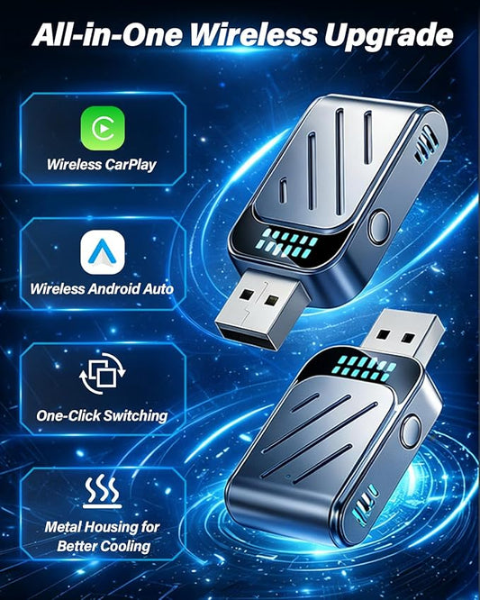 Wireless CarPlay Adapter, Dual System iOS10+ Android11+, One-Click Disconnect, Metal Fast Heat Dissipation, HD Video Playback, Latest WiFi Bluetooth, Fast Connect, Plug and Play