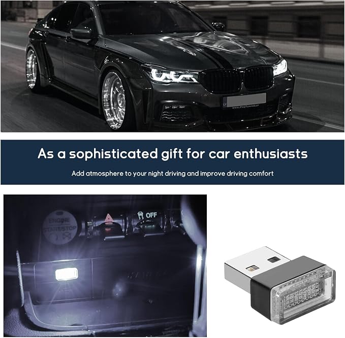 Dickno 4 PCS USB LED Car Interior Atmosphere Lamp, Portable Mini LED Night Light, Plug-in USB Interface Trunk Ambient Lighting Kit, Universal Vehicle Interior Accessories (White)