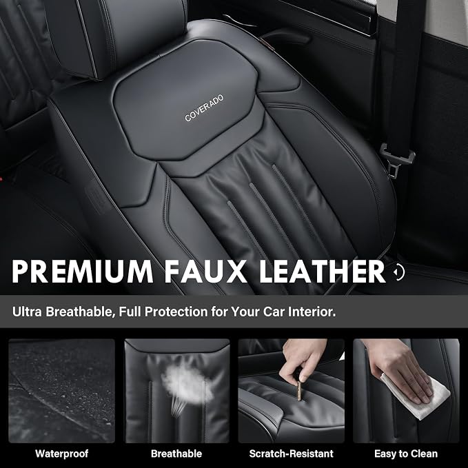 Coverado Car Seat Covers, Seat Covers for Cars 5 Seats, Waterproof Nappa Leather Car Seat Protector Universal Fit for Most Sedans SUV Pick-ups Trucks,Full Set,Black