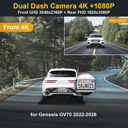 Fitcamx Front 4K+Rear 1080P Dash Cam Adapts for Genesis GV70 2022-2026 (Part No#AR100), OEM Factory Look, Dual HD Video, Built-in WiFi & APP, Loop Recording, G-Sensor, Easy to Set, 128GB Card