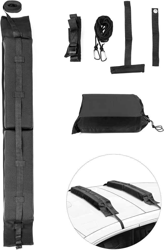 QWORK Universal Soft Roof Rack Pads with 16ft Waterproof Tie-Down Straps, Car Roof Top Carrier System for Kayak Surfboard Canoe SUP Snowboard, No Roof Rails Needed, Storage Bag