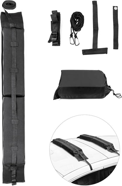 QWORK Universal Soft Roof Rack Pads with 16ft Waterproof Tie-Down Straps, Car Roof Top Carrier System for Kayak Surfboard Canoe SUP Snowboard, No Roof Rails Needed, Storage Bag