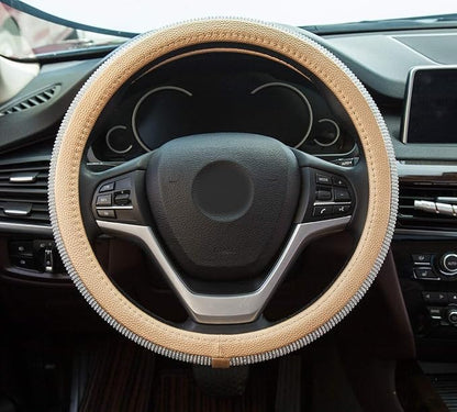 New Diamond Leather Steering Wheel Cover with Bling Bling Crystal Rhinestones, Universal Fit 15 Inch Car Wheel Protector for Women Girls,Gold