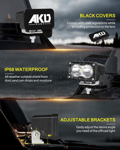 LED Pods with Wiring Harness & Black Covers 3 Inch 40W Spot CREE LED Pod Lights Small Off Road Driving Lights Fog Light 2 Packs for Trucks Motorcycle UTV ATV SUV Dirt Bike