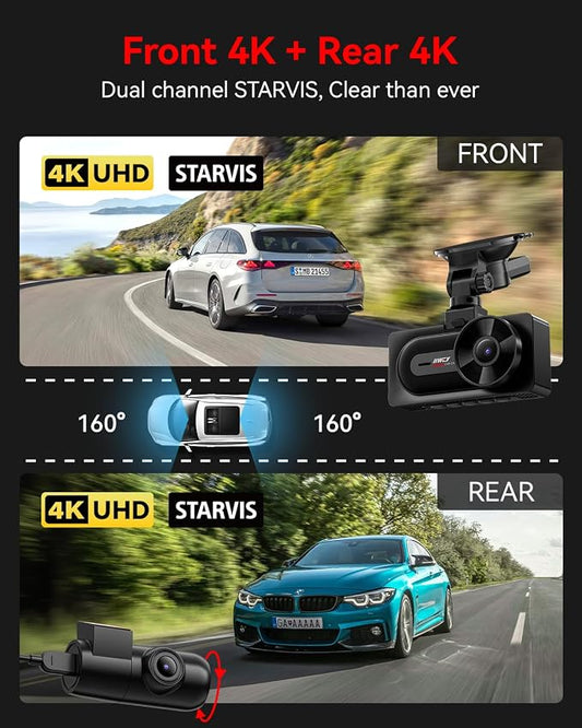 IIWEY 4K+4K Dash Cam Front and Rear, Dual STARVIS Sensor, 5G WiFi-6 (up to 20MB/s) with App, 128G SD Card Included, GPS, Dash Camera for Cars with 24/7 Parking Mode, 3.18 Inch IPS, 170° Wide Angle
