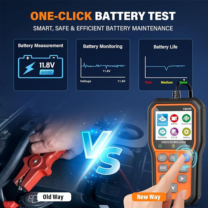 BluSon YM319 OBD2 Scanner Diagnostic Tool with Battery Tester, Check Engine Fault Code Reader with Live Data, Cloud Printing, DTC Lookup, Freeze Frame, Scan Tool for All OBDII Protocol Cars Since 1996
