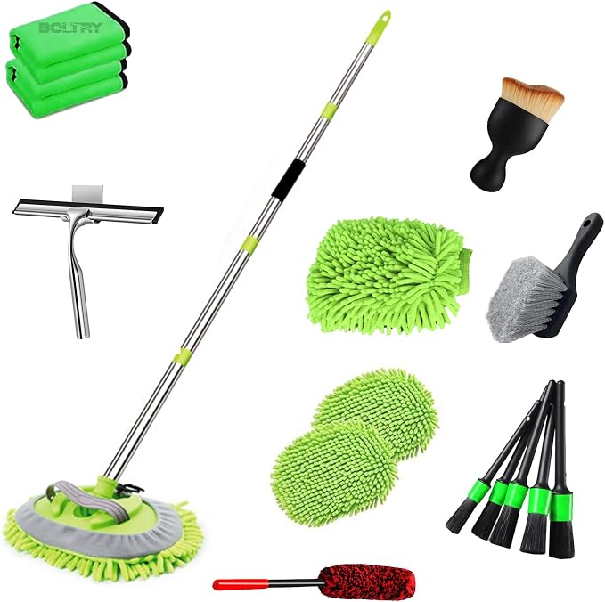 62" Car Wash Brush Kit 20Pcs - Chenille Microfiber Wash Mop Mitt Interior/Exterior Cleaning Detail Brush Wheel Brush Windshield Window Squeegee for Cars RV Truck Boat