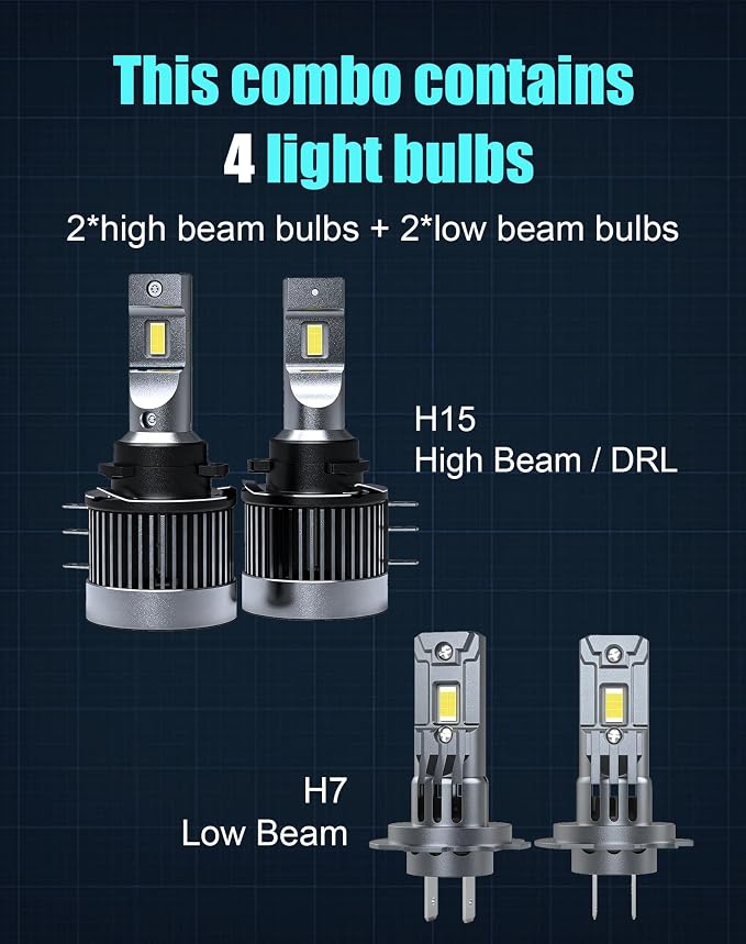 Light Bulb Combo for Volkswagen E-Golf 2015 2016 2017 High Low Beam | Super Bright 6500K White Light, 1:1 Size as Stock Halogen Bulbs, Plug and Play, 4-Pack
