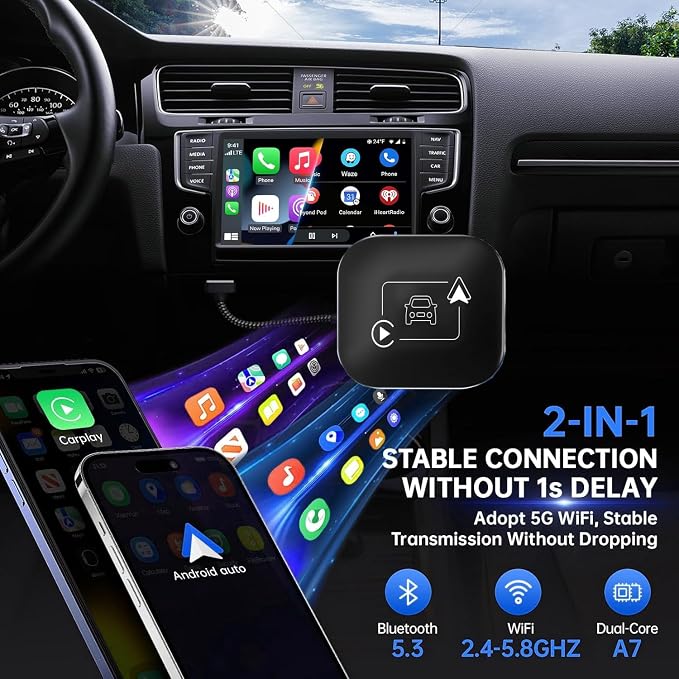 Wireless CarPlay & Android Auto Car Adapter 2 in 1 for Wired Cars - Faster Connection, Plug & Play - Fit for Apple iPhone iOS 10+ Android