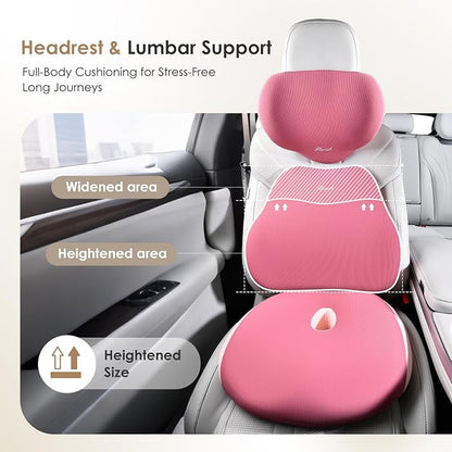 FLORICH Car Seat Cushion & Lumbar Support Pillow & Car Neck Pillow, Ergonomic Memory Foam Driving Seat Cushion for Back & Sciatica Pain Relief, Non-Slip Washable Cushion for Car, Driver, Office-Pink