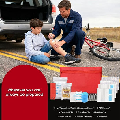 Roadside Car Emergency Kit, Winter Car Safety Kit with 10FT Jumper Cables, Tow Strap, Tool Kit, Reflective Warning Triangle, Road Trip Essentials, for New Drivers, Teens