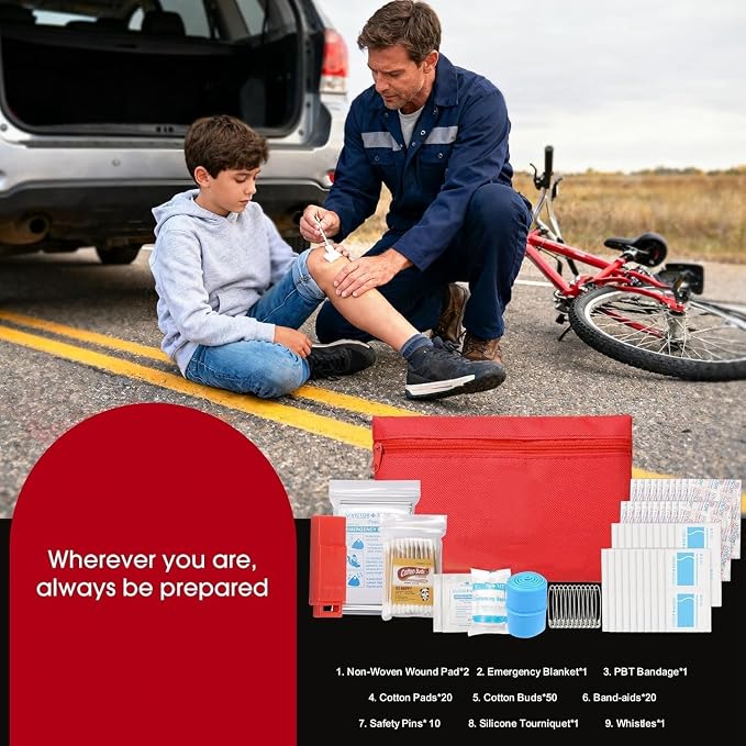Roadside car Emergency kit, 12PCS Emergency Car Kits for Vehicles with Jumper Cables, Portable Air Compressor, Tow Strap, Survival kit, Emergency Supplies for Women,Man, New Driver Gifts