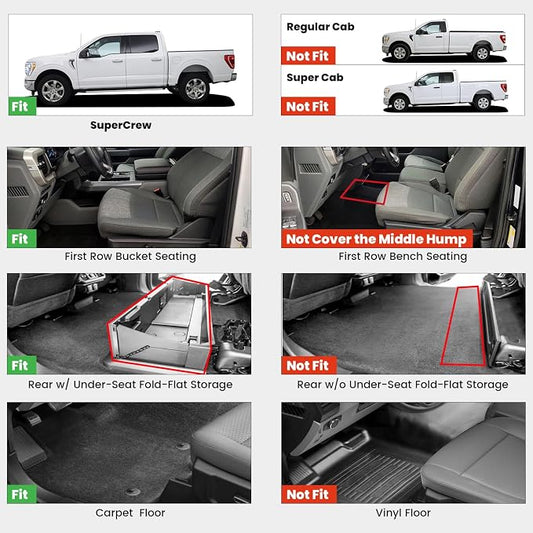 LASFIT Floor Mats for Ford F-150 2021-2026 | F150 Lightning 2022-2025 SuperCrew (Rear w/Fold Flat Storage) Carpet Floor All Weather Car Liners TPE Truck Mats - 1st and 2nd Row, 3pcs Black