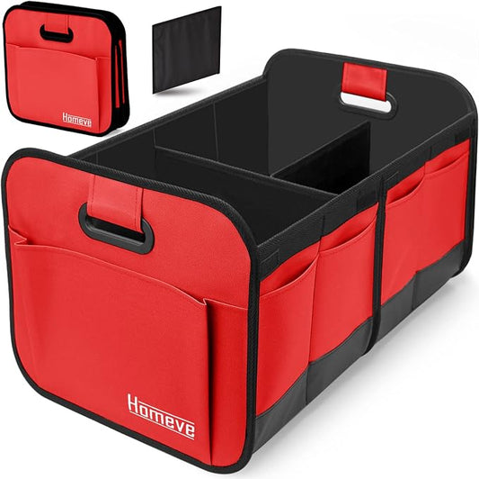 Homeve Car Trunk Organizer for SUV, 18.5Gal Large Capacity No-Sag Heavy Duty, Foldable Waterproof Anti-Slip Storage with 12 Pockets, Fit Sedan, Truck, Universal Car Accessories, Red, 2 Compart, Large