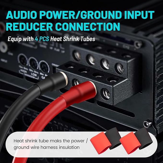 NuIth Amp Input Reducer 0 Gauge to 4 Gauge, 4PCS Car Audio Amplifier Wire Terminal Connectors Brass with Heat Shrink Tubing Allen Key for Amp Input, AWG Pin Power & Ground Connection