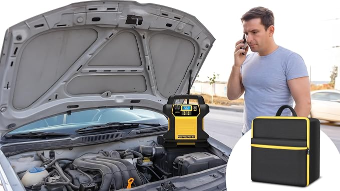 Car Jumper Starter Storage Bag Compatible with DEWALT DXAEJ14 Digital Portable Power Station Air Compressor, Carrying Case Holder Container (Black with Yellow Inner Case Only)