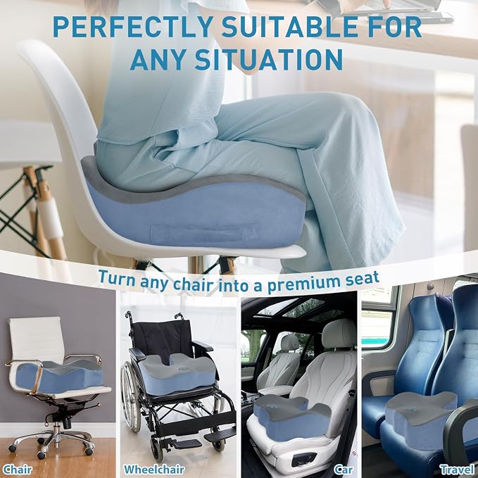 BlissTrends Extra Thick Seat Cushion for Office Chair & Car Seat, Grey&Blue | Tailbone & Sciatica Relief, Ergonomic Support, High-Density Memory Foam, Comfort for Extended Sitting