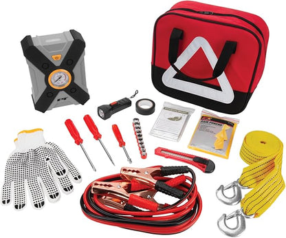 Performance Tool E00013 33 pc. Deluxe Roadside Assistance Kit: Featuring Vortex 12V Rapid Tire Inflator, Booster Cables, Tow Rope, Flashlight, Socket Set, First Aid Kit, Tool Kit and Storage Case