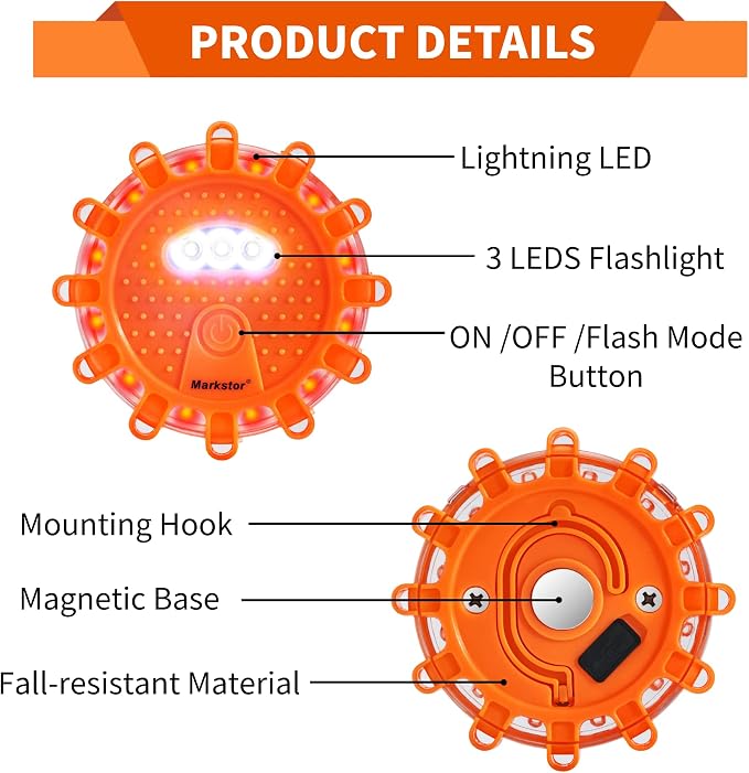 LED Road Flares 3 Pack Roadside Emergency Car Kit, Road Safety Flare Light USB Rechargeable (lithium battery),Safety Beacon Warning Light | 9 Flash Modes,With Magnet & Hook